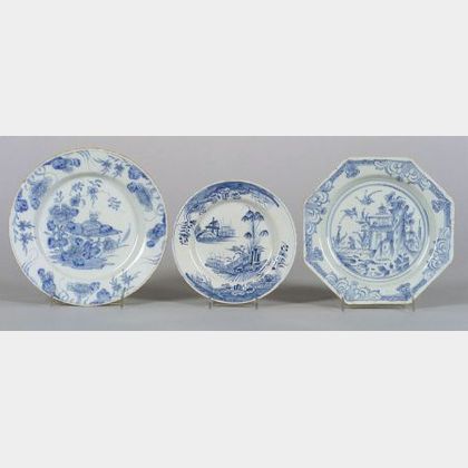 Three Delftware Blue and White Plates