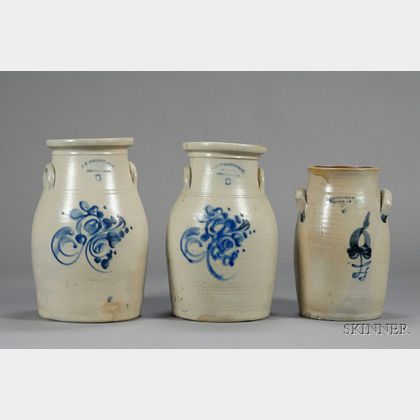 Three Stoneware Churns with Colbalt Floral Decoration