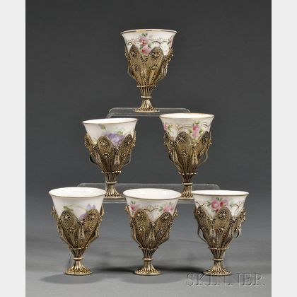 Group of Six Continental Silver and Russian Porcelain Wine Cups