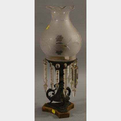 Victorian Brass and Marble Sinumbra Lamp with Etched Frosted Glass Shade. 