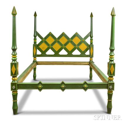 Custom Folk Geometric-carved and Painted Bed