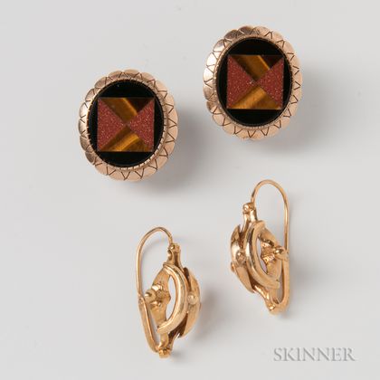 French 18kt Gold Earpendants and 14kt Gold Pietra Dura Earrings