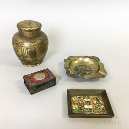 Three Chinese Enameled Desk Items and a Small Brass Jar