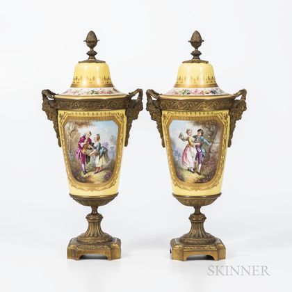 Pair of Gilt-bronze-mounted Yellow Ground Sevres-style Urns