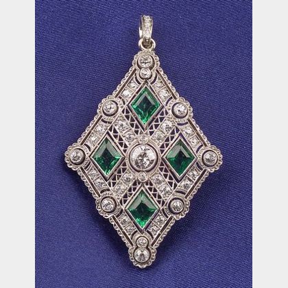 Art Deco Platinum, Emerald, and Diamond Pendant/Brooch