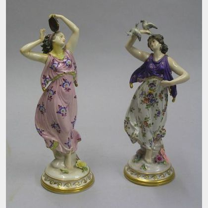 Pair of Continental Hand-painted Porcelain Dancing Maiden Figures
