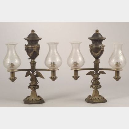 Pair of Brass Argand Lamps with Cut Glass Shades