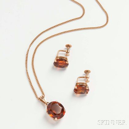 14kt Gold and Topaz Pendant and Earclips