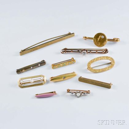 Eleven 14kt Gold Bar Brooches