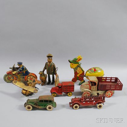 Five Tin Lithograph Toys and Three Painted Cast Iron Toys