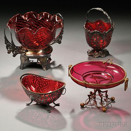 Four Metal-mounted Ruby Glass Items