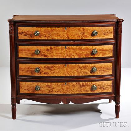 Mahogany Carved and Flame Birch Veneer Bowfront Chest of Drawers