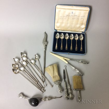 Group of Sterling Silver Iced Tea Spoons, Cased Six English Sterling Silver Demitasse Spoons, and Vanity Items