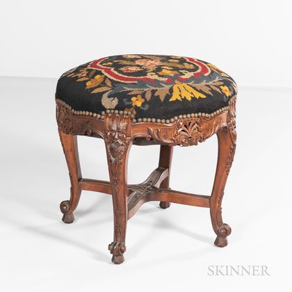 Louis XV-style Carved Fruitwood and Needlepoint Upholstered Stool