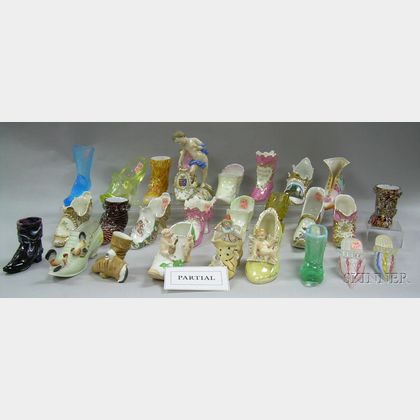 Collection of Forty-two Miniature Porcelain and Glass Shoes. 
