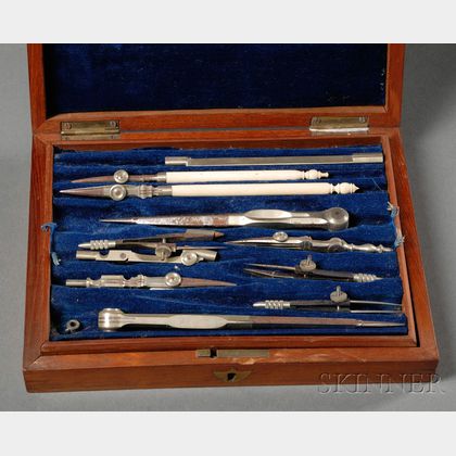 Student Cased Set of Bone and Steel Drafting Instruments