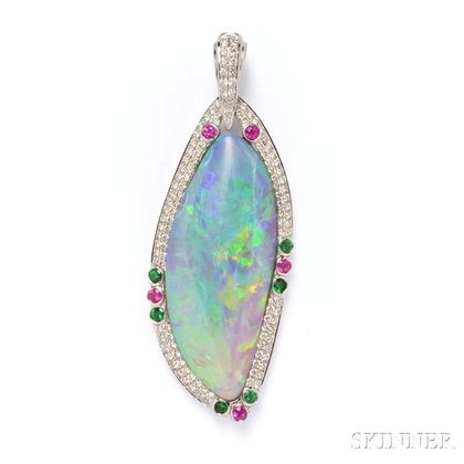 18kt White Gold, Opal, and Diamond Pendant