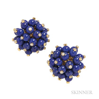 18kt Gold, Lapis, and Diamond Earclips, Aletto Brothers