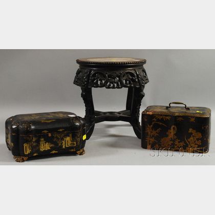 Small Chinese Export Marble-inset Carved Hardwood Stand and Two Gilt-decorated Black Lacquer Work Boxes. 