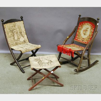 Two Victorian Folding Carpet Chairs and a Similar Stool. 