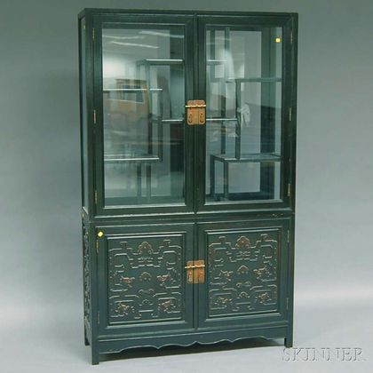 Chinese-style Glazed and Ebonized Carved Hardwood Dual-sided Eight-door Display Cabinet
