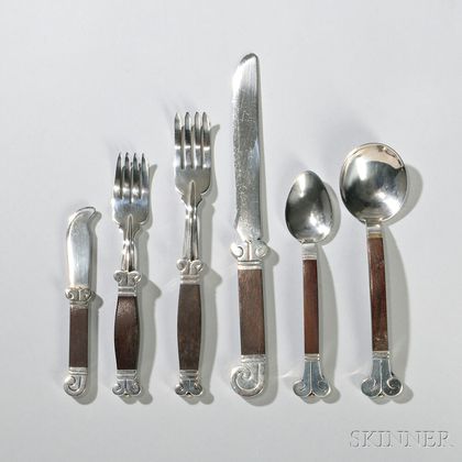 Hector Aguilar (1905-1986) Silver and Rosewood Forty-seven Piece Flatware Service 