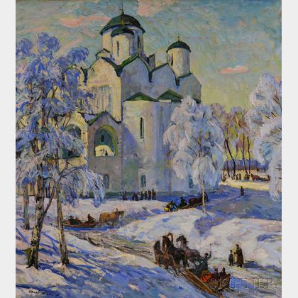 Otari Shiuk (Russian, b. 1921) Russian Winter Scene with Horses and Sleighs