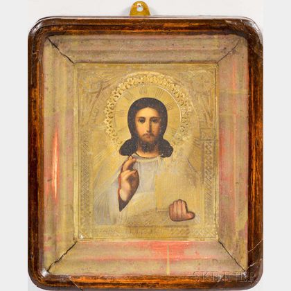 Framed Brass Riza Icon Depicting Christ Pantocrator