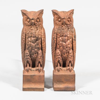 Pair of Bronze-painted Cast Iron Owl Andirons