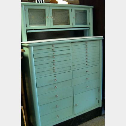 Art Deco Turquoise Blue Painted Metal Twenty-five Drawer Dentists Cabinet with White Glass-top Surfaces. 