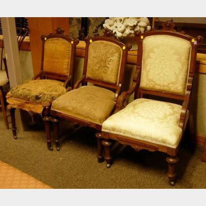 Set of Three Renaissance Revival Upholstered Walnut Parlor Chairs and a Late Victorian Oak Spindle-sided Morris Chair. 