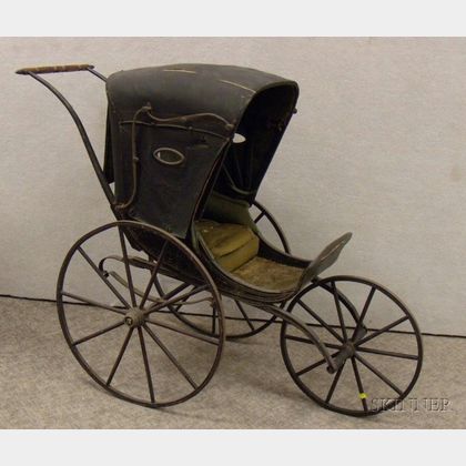 19th Century Painted Wood and Iron Three-wheel Stroller with Oil Cloth Canopy