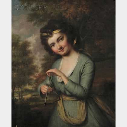 Circle of Joshua Reynolds (British, 1723-1792) Three-quarter Length Portrait of a Young Girl, in a Blue Dress and Yellow Sash, Playi...