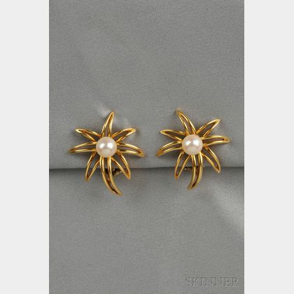 18kt Gold and Cultured Pearl "Fireworks" Earclips, Tiffany & Co.