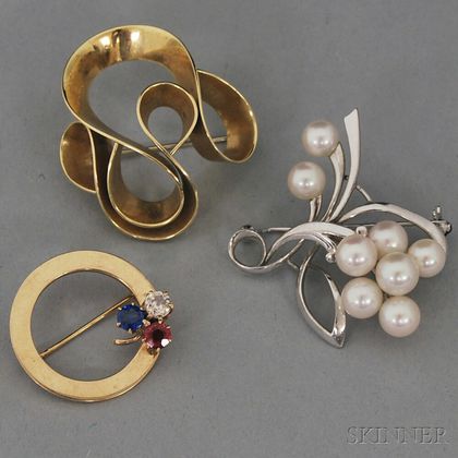 Three Signed 14kt Gold Brooches