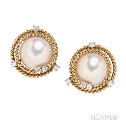 18kt Gold, Platinum, Mabe Pearl, and Diamond Earclips, Schlumberger for Tiffany & Co.