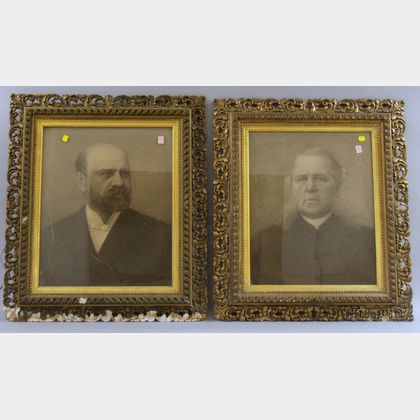 Pair of Victorian Gilt-gesso Framed Graphite on Paper Portraits of Gentlemen