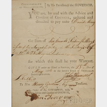 Framed Pay Warrant to Henry Gardner Signed by John Hancock, Governor of Massachusett s