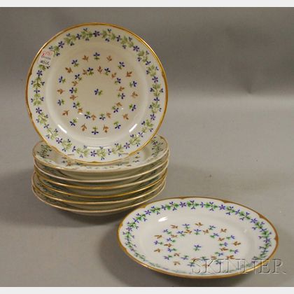 Set of Eight English Hand-painted Cornflower-decorated Porcelain Plates