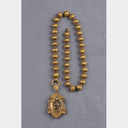 Etruscan Revival Gold Bead Necklace and Pendant