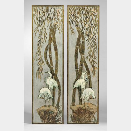 Two Philip and Kelvin Laverne Bronze Crane Decorated Wall Plaques