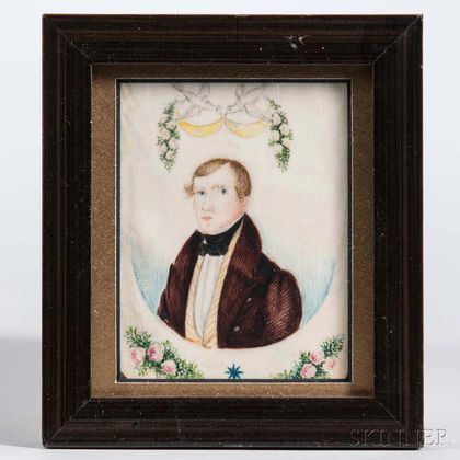 Anglo-American School, Early 19th Century Miniature Portrait of a Young Man in a Brown Jacket