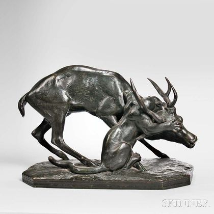 After Antoine-Louis Barye (French, 1796-1875) Bronze Panther Seizing a Stag