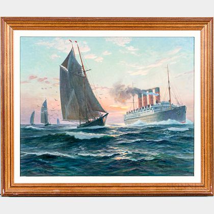 Charles Robert Patterson (American, 1878-1958) Ocean Scene with a Steamliner and Sailboat.