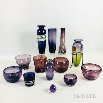 Twelve Pieces of Salamandra Art Glass and a Paperweight