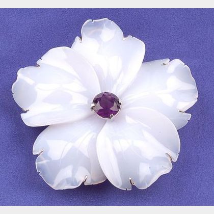 Carved Lavender Chalcedony and Amethyst Flower Brooch