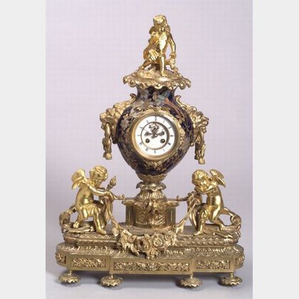 French Louis XV/XVI-style Gilt Bronze and Porcelain Clock