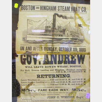 Framed 1880 Boston and Hingham Steam Boat Co. Steamer "Gov. Andrew" Broadside