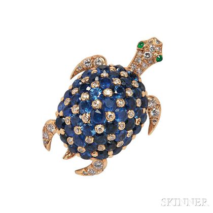 18kt Gold, Sapphire, and Diamond Turtle Brooch, attributed to Tiffany & Co.