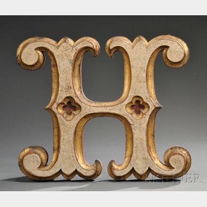 Fancy Carved, Painted, and Gilded Wooden Letter "H,"